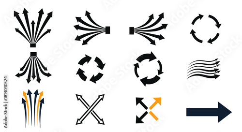 Arrow Icon Collection: Navigation Directional Symbols for Business Strategy and Data Flow Visualization, Representing Forward Movement, Circular Process, and Exchange Concepts in Professional Design,