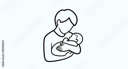 Father Holding Newborn Baby in Arms with Love and Care: Minimalist Line Art Illustration for Parenthood, Healthcare, and Family Concepts, Presenting Affection and Protection in Childcare Materials and