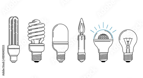 Illustrative Light Sources Evolution Concept: Displaying a Linear Set of Lightbulbs and a Candle in a Row, Depicting Change from Old to New for Energy, Innovation, Technology in a White Background, Su