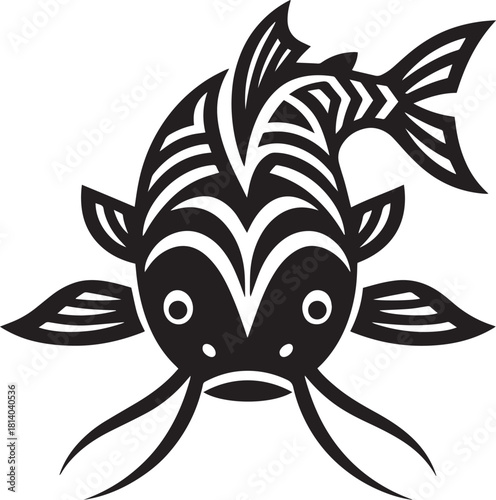 Stylized black and white illustration of a catfish with decorative fins and whiskers