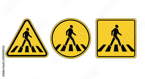 Pedestrian Crossing Signage Collection: A Comprehensive Set of Triangle, Circle, and Square Zebra Crossing Icons for Road Safety, City Planning, and Urban Development Projects, Graphic Design, Educati