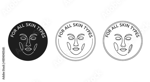 Minimalist Skincare Logo Design Set for All Skin Types Illustrating Simplicity and Purity in Beauty Industry Marketing Materials, Featuring a Stylized Face in Black and White, Ideal for Branding, Adve