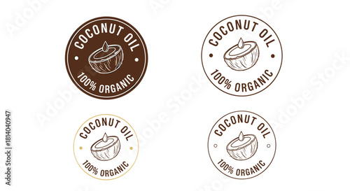 Organic Coconut Oil Labels Design Set for Natural Beauty Products, Healthcare, and Culinary Applications - Brown, Gold, Clean Style, with 100% Organic Stamp for Marketing, Packaging, and Branding, Fea