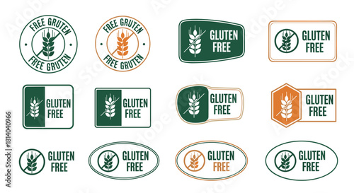 Gluten-Free Food Labels and Symbols for Healthy Diet Marketing and Packaging Design on White Background, Representing Allergen-Free Ingredients for Celiac Disease or Wheat Sensitivity. Food Industry C