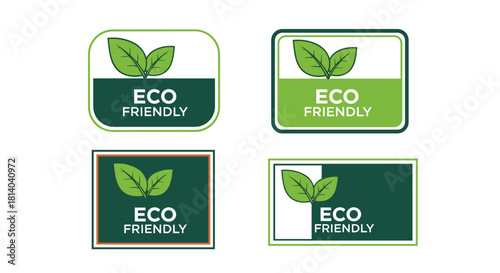 Eco Friendly Label Design Set Emphasizing Green Initiatives for Sustainable Business Branding & Marketing on White Background, Promoting Environmental Awareness & Conservation with Modern & Innovative
