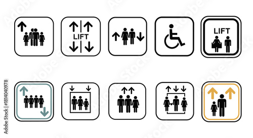 Elevator Signage Compilation: Indicating Lift Access and Direction for Passengers in Buildings, Office Spaces, and Public Areas Using Clear Symbols for Accessibility and Navigation, a Versatile Graphi