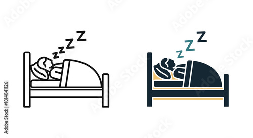 Person Sleeping Peacefully in Bed at Night, Minimalist Icons of Woman Resting Under Blanket, Concept for Insomnia Treatment & Healthy Lifestyle, Healthcare Presentation, Vector Illustration for Wellne