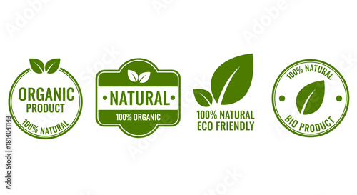 Green Organic and Natural Product Labels Promoting Sustainable Practices, Eco-Friendly Initiatives, and Bio-Products on White Background Illustrating Environmental Awareness and Healthy Lifestyle Choi