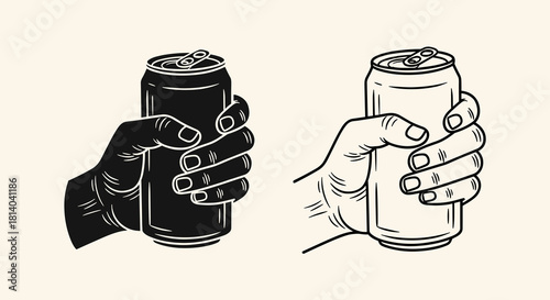 Hand Holding Cold Beverage Can in Monochrome Style Artwork:  Refreshing Drink, Relaxation, Thirst Quencher, Picnic, Party, Celebration, Vintage, Retro, Graphic, Simple, Line Art, Illustration, Black a