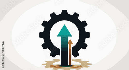 Rising Momentum in Business: A Teal and Brown Arrow Ascending Through a Black Gear and Tan Cog, Representing Progress and Growth in Engineering and Technology Sectors. Achieving Goals and Driving Perf