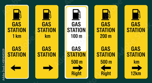 Roadside Gas Station Directional Signs Guiding Drivers, Promoting Fuel Availability & Highway Navigation: Yellow & Black Icons for Service, Route Planning, and Travel Safety across Distances in Kilome