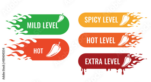 Spicy Food Level Indicators: Illustrating Heat Intensity with Pepper Icons and Flames for Restaurant Menus, Recipe Guides & Food Product Labeling, from Mild to Extra Hot for Culinary Professionals & H