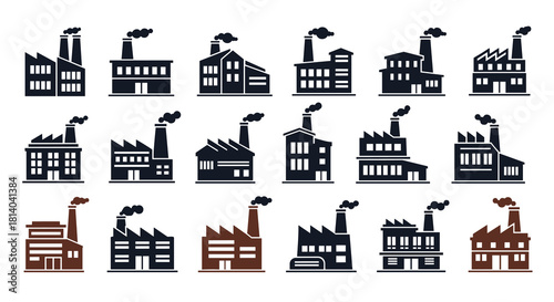 Factories Emitting Pollution: Industrial Buildings in a Row Showcasing Air Pollution, Environmental Impact, Climate Change Issues, and Manufacturing Icons for Industry,  Economy, and Global Warming, i