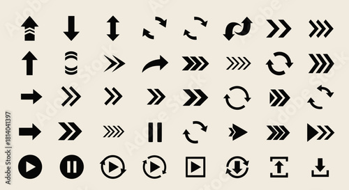 Collection of black arrows and direction icons in various shapes and styles for navigation and