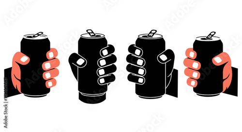 Holding Refreshing Black Soda Cans in Hands - Thirst Quenching Drink, Party Celebration, Event, Graphic Design Element, Modern Illustration, Pop Art Style Beverage, Summer Time, Refreshment, Cool, Col