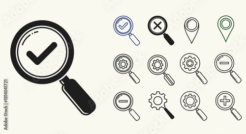Magnifying Glass Icons: Search, Find, and Verify Information for Business Solutions - Perfect for Data Analysis, Research, and Website Navigation in Modern Design, Illustrating Precision and Technolog