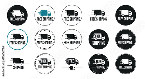 Express Free Shipping Delivery Icon Set for E-commerce Business: Fast Transport, Logistics, and Distribution Symbols for Online Shopping and Retail Promotions, Black and White Graphic Design Elements,