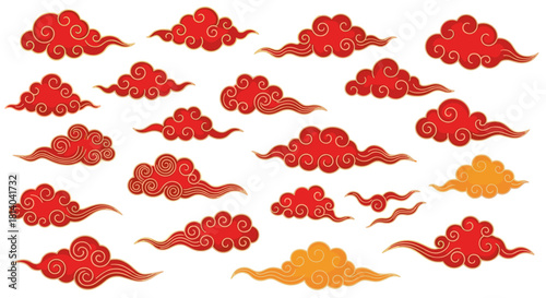 Vibrant Red and Gold Chinese Clouds Floating Harmoniously: Illustrative Asian Lunar New Year Decorations for Festive Celebrations, Decorative Designs, Traditional Ornament, Graphic Art, and Cultural P