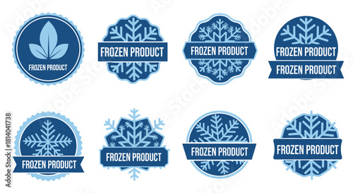 Collection of Blue Frozen Product Labels for Cold Storage Marketing and Packaging Designs, Representing Preservation and Freshness for Supermarket Retail, Food Industry, and Restaurant Menus, Featurin