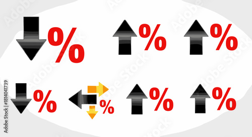 Fluctuating Percentage Trends: Arrows Indicating Increase, Decrease and Stability in Financial Markets on White Backdrop Illustrating Business Performance, Investment Strategies and Sales Graph Data,
