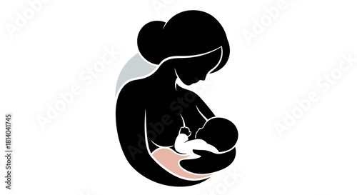Silhouette of Mother Breastfeeding Newborn Baby in Arms Offering Nourishment and Care, Health & Wellness, Motherhood Bond, Modern Graphic for Parenting Content & Lactation Support in Healthcare (197/2