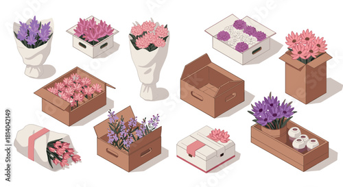 Isometric flower arrangements in cardboard boxes and gift wraps