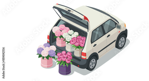 Isometric car loaded with colorful flower buckets ready for delivery