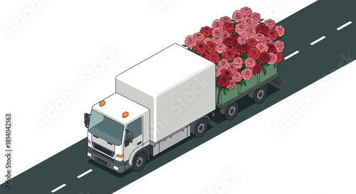 Isometric delivery truck with red and pink roses on roadway