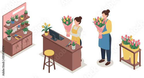 Isometric flower shop scene with florists arranging tulips and indoor plants