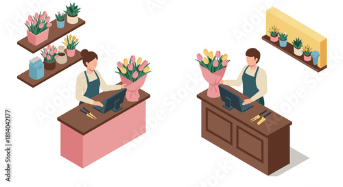 Isometric florist shop with cashier and decorative flower arrangements
