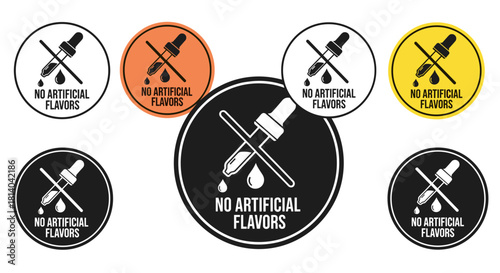 No Artificial Flavors Icons Collection: Diverse color palettes showcasing symbol indicating no artificial additives, ideal for food and beverage marketing, healthy eating promotion, presentation, adve