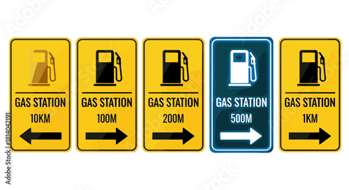 Upcoming Gas Station Directional Signs Showing Distances, Navigating Motorists on the Road, Finding Fuel Locations, Roadside Assistance and Automotive Services for Travel Planning, Yellow/Blue