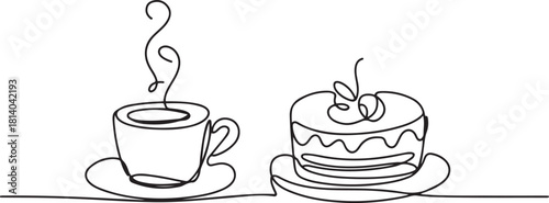 Coffee cup and cake one line continuous drawing. Vector illustration. Hand drawn linear silhouette. one line Icon drawing with white background