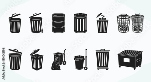 Diverse Collection of Black and White Trash Cans & Receptacles Isolated on White Backdrop: Waste Management, Recycling, Disposal,  Environmental Awareness Presentation Icons,  Urban & Industrial Clean
