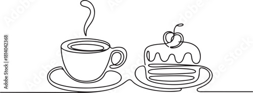 Coffee cup and cake one line continuous drawing. Vector illustration. Hand drawn linear silhouette. one line Icon drawing with white background