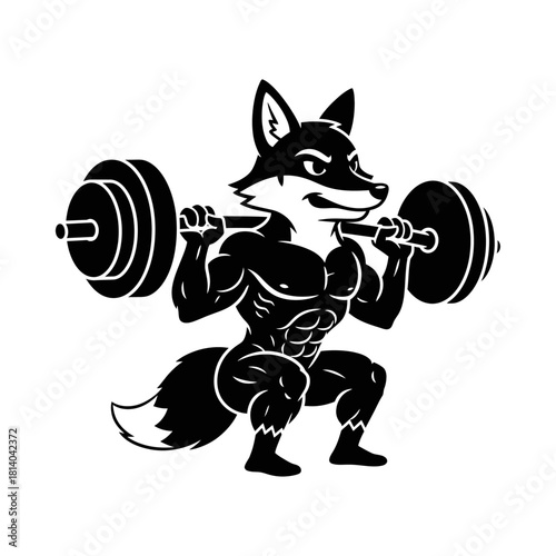 Muscular Fox Wolf Bodybuilder Lifting Barbell Squat Vector Mascot