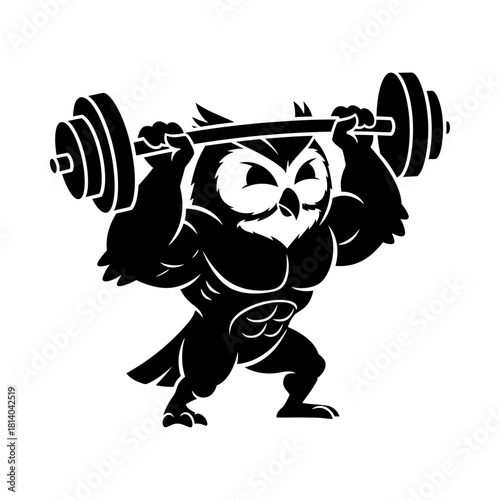 Strong Owl Bird Bodybuilder Overhead Press Barbell Vector Logo