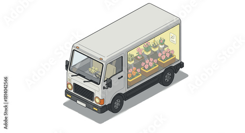 Isometric flower delivery truck with plants inside on white background