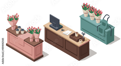 Isometric floral shop counter with tulip bouquets and apron display