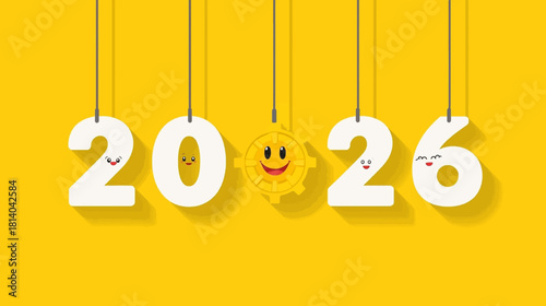 Playful cartoon numbers 2026 with happy faces and eyes celebrating a fun and lively year