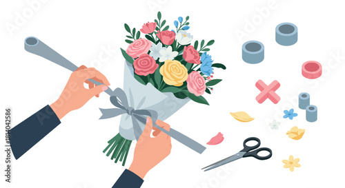 Elegant bouquet arrangement with variety of flowers and craft supplies on white background