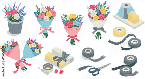 Colorful floral arrangements and giftwrapping supplies in isometric design