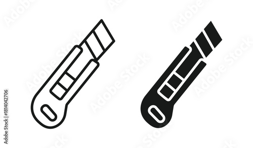 Box cutter , utility knife icon set in outline and silhouette style, representing cutting tools, crafting, and utility work, vector illustration.