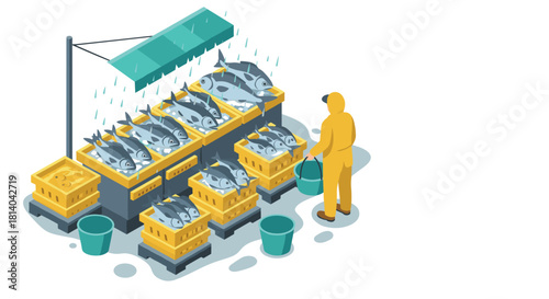 Isometric fish market scene with vendor in rain gear and fresh catch display