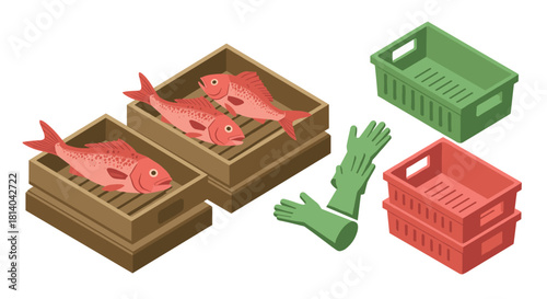Isometric fish market supplies fresh catch, crates, and gloves scene