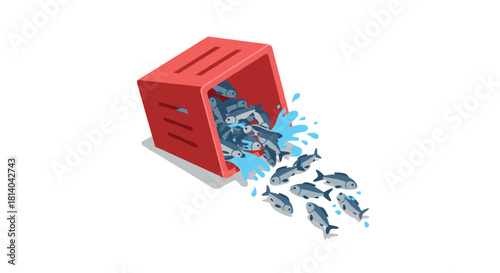Cartoon fish spilling from red box with water splash in isometric style