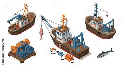 Isometric fishing boats and equipment detailed nautical vessels and marine tools