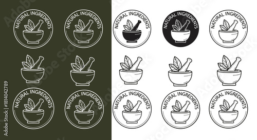 Herbal Medicine Preparation: Mortar and Pestle Icons Representing Natural Ingredients for Holistic Wellness & Herbalism, Suitable for Healthcare Branding, Packaging & Sustainable Product Marketing (Ou