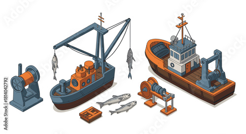 Fishing boats and gear in isometric style with industrial equipment