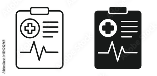 Medical report clipboard icon set in outline and silhouette style, representing healthcare documentation, diagnosis, and medical records, vector illustration.